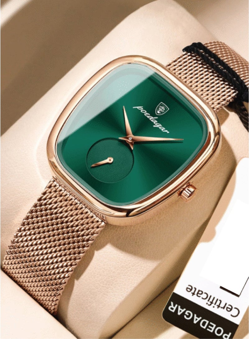 POEDAGAR ساعة كوارتز نسائية - حزام شبكي وردي ذهبي، قرص أخضر، تصميم فاخر بسيط - 783 - Image 2